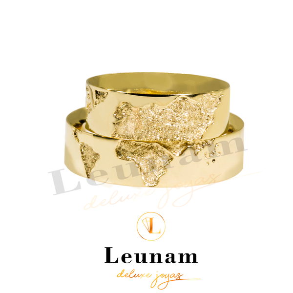 Anillos de bodas en oro 18kt. Diseno mapa mundi Leunam Joyas