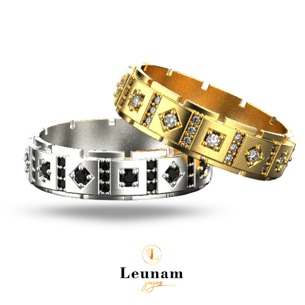 Alianzas Geométricas Imperiales – Oro 18k con Diamantes Blancos y Negros