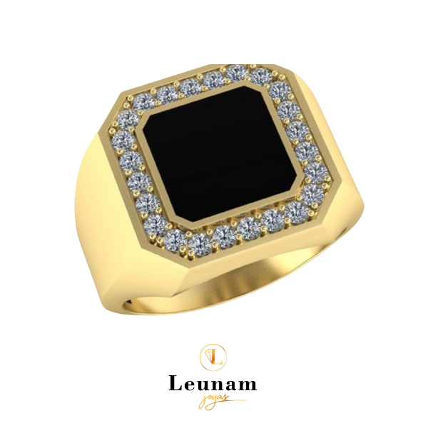 Anillo Sello con Ónix y Diamantes – Oro 18k